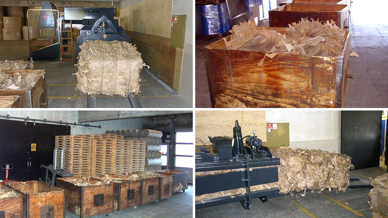 Collage of wooden boxes and bales of cut cardboard in horizontal channel baler